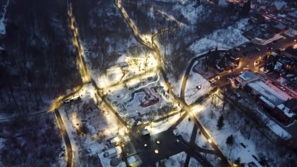 Volare Sopra Inverno Bianco Sera Luci Parco Cittadino Orto Botanico — Video Stock