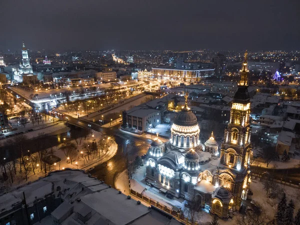 Святий Благовіщенський Собор Освітлений Зимовими Сніжними Нічними Вогнями Повітряний Вид — стокове фото