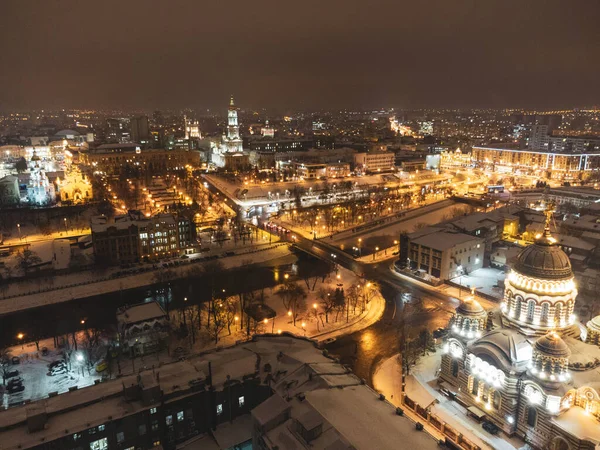 Winter Night Lights Illuminated City Aerial View Holy Annunciation Cathedral — Stock Photo, Image