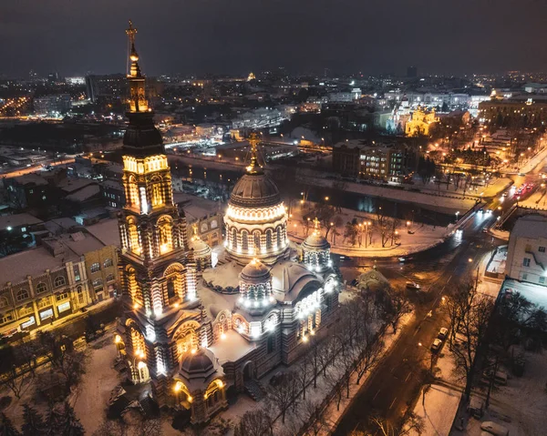 Holy Annunciation Cathedral Illuminated Winter Snowy Night Lights Aerial View — Stock Photo, Image