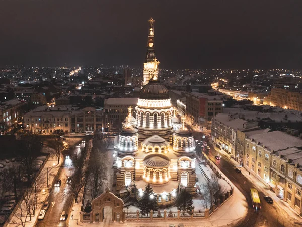 Santa Annunciazione Cattedrale Illuminata Inverno Luci Serali Innevate Vista Aerea — Foto Stock