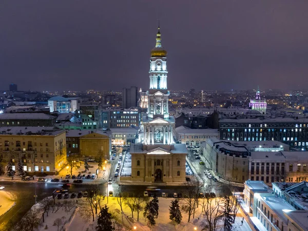 Dormition Kathedraal Verlicht Winter Besneeuwde Avondverlichting Luchtfoto Kharkiv Stad Centrum — Stockfoto