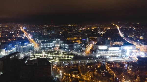 Vrijheid Svobody Square Kharkiv Stad Centraal Park Luchtfoto Nachts Met — Stockfoto