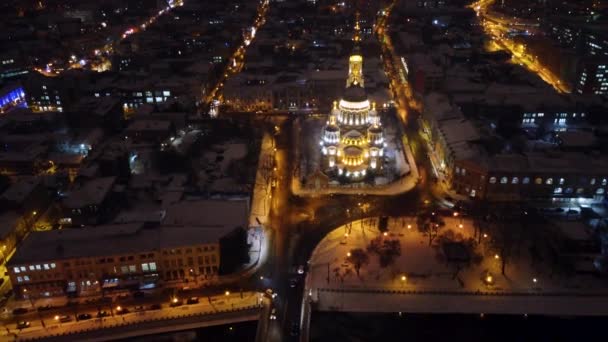 Santa Anunciação Catedral Iluminada Inverno Luzes Nevadas Noite Vista Aérea — Vídeo de Stock
