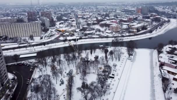 Leć Nad Skver Strilka Zamarznięta Rzeka Lopan Zbieg Charków Most — Wideo stockowe