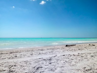 Karayip mavisi suları ve güneşli bir günde parlak beyaz kumları olan White Beach Rosignano Solvay. Toskana, İtalya Avrupa
