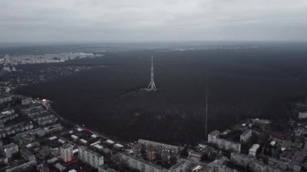 Widok Powietrza Szary Zimowy Ciemny Las Anteną Wieży Telekomunikacyjnej Leć — Wideo stockowe