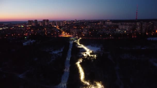 Aerial Wintery Night Lights Botanical Garden Sarzhyn Yar Cable Car — Stock Video