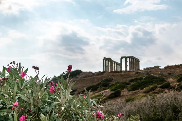 Templo Poseidon Cape Sounion Grécia Com Flores Vermelhas Nerium Oleandro — Fotografia de Stock