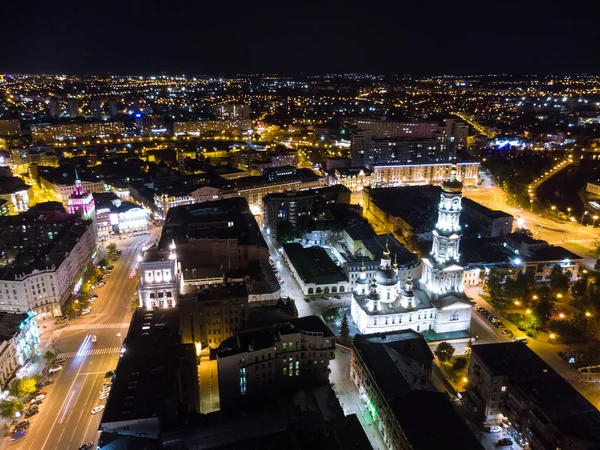 Catedral Dormición Iluminada Con Luces Nocturnas Vista Aérea Ciudad Kharkiv — Foto de Stock