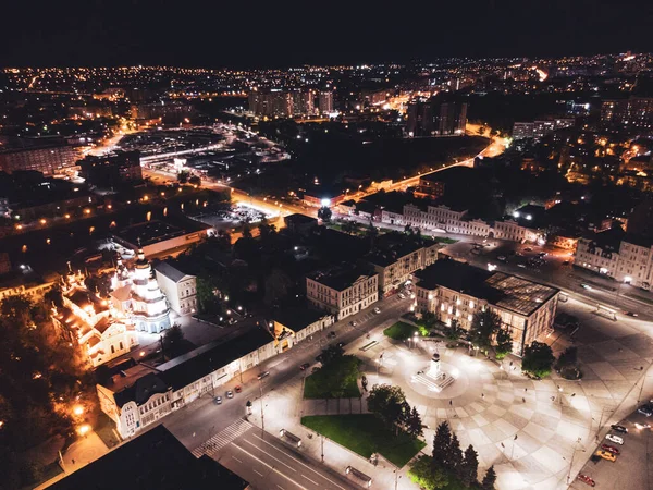 Luci Notturne Illuminato Vista Aerea Della Città Piazza Del Centro — Foto Stock