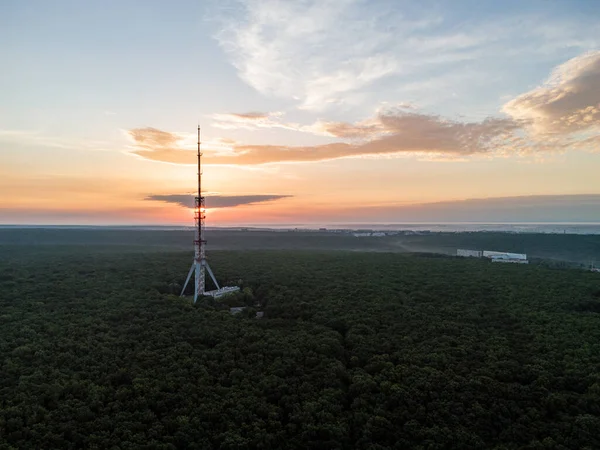 Vue Aérienne Lever Soleil Sur Forêt Avec Soleil Qui Brille — Photo