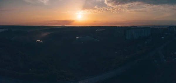 Vue Aérienne Lever Soleil Noir Matin Ciel Panorama Bâtiments Étages — Photo