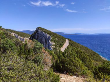Yunanistan 'daki Lefkada adası kıyılarındaki kayalıkların panoramik manzarası. Yeşil orman, yol, mavi gökyüzü ve canlı deniz. Yaz seyahati