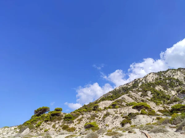 Green Cliffs Sunny Bright Clear Blue Day Greece Trees Bushes — Stock Photo, Image