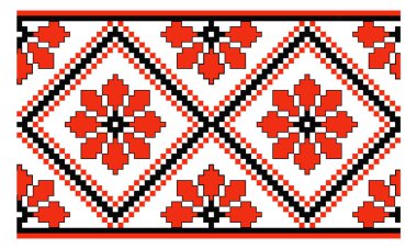 Geleneksel kırmızı ve siyah renklerde pikselleştirilmiş çiçek süsü, Poltava bölgesinden Ukrayna nakış motifleri