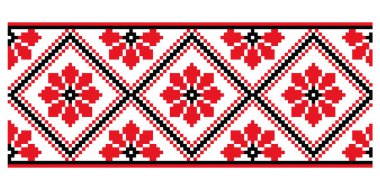 Piksel nakış deseni tekrarlayan çiçek motifleri kırmızı ve siyah renkler, Poltava bölgesinden Ukrayna geleneksel motifleri