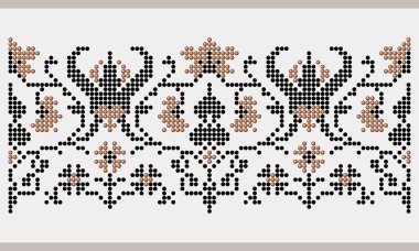 Zarif botanik elementlerle süslenmiş boncuklu tekrarlama süsü, Poltava bölgesinden siyah ve bronz renkli Ukrayna nakışı