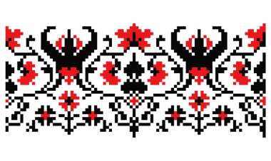 Siyah ve kırmızı pikselli tekrarlanan süs, Poltava bölgesinin geleneksel nakış deseni, Ukrayna