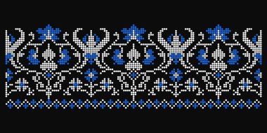 Siyah zemin üzerindeki noktalı süs, Poltava bölgesinden zarif botanik Ukrayna nakış deseni