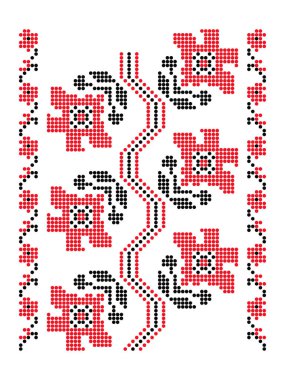 Ukrayna 'nın Poltava bölgesinin nakış işleme geleneğini yansıtan kırmızı ve siyah çiçek desenli halk deseni boncuklu bir tarzda yeniden oluşturuldu.