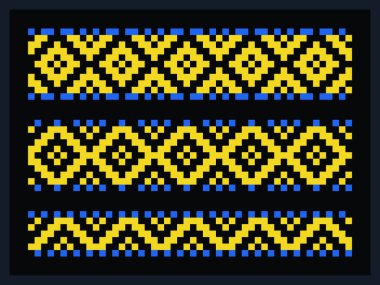 Sarı ve mavi pikselli sonsuz süsler koyu arkaplan için ayarlandı, Ukrayna 'dan geleneksel desenler