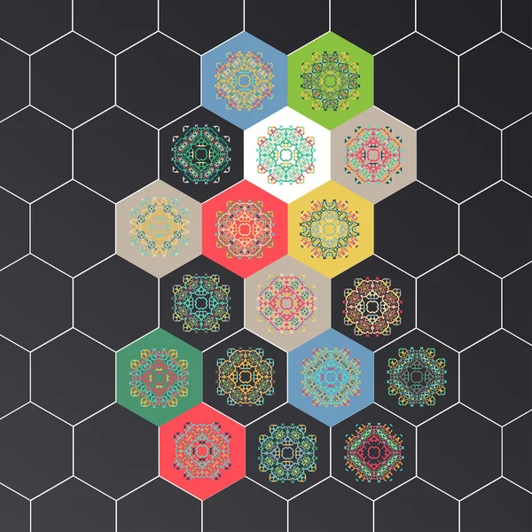 Set en estilo oriental sobre fondo hexagonal — Archivo Imágenes Vectoriales