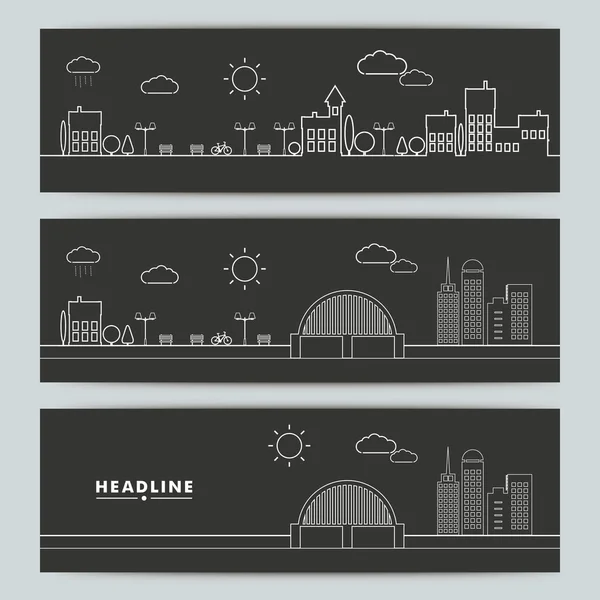 Reihe von Bannern mit Kontur Stadtlandschaft — Stockvektor