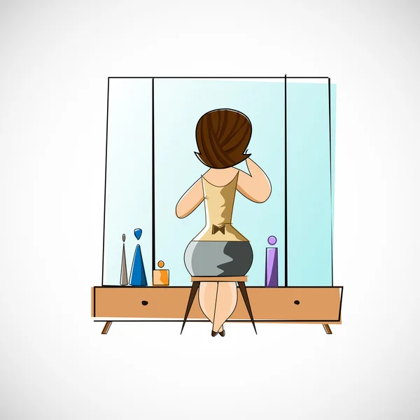 Κορίτσι preens μπροστά στον καθρέφτη. σκίτσο του φορέα — Διανυσματικό Αρχείο