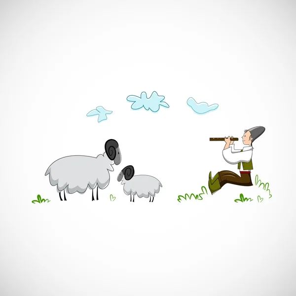 Shepherd plays the flute for sheep. Vector design — Stock Vector