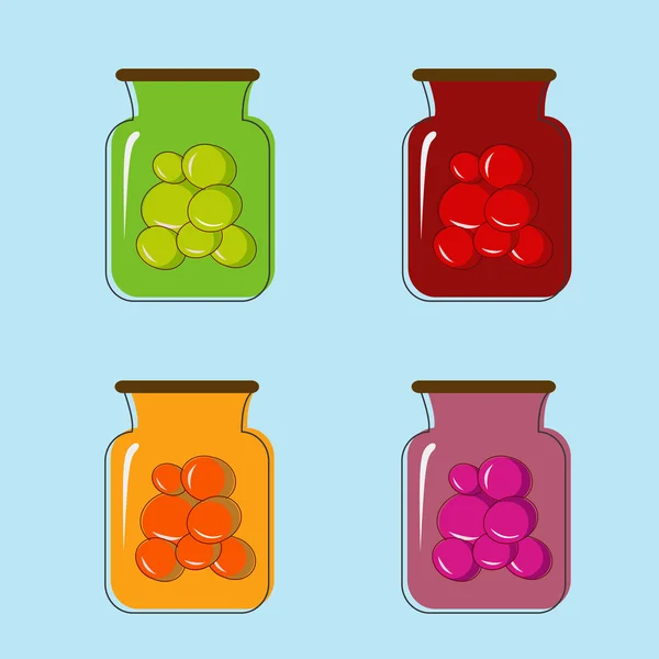 Banco con jugo de fruta enlatado en casa. Diseño vectorial — Vector de stock