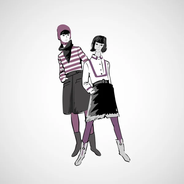 Vektor-Sketch Mädchen in modischen Kleidern eps — Stockvektor