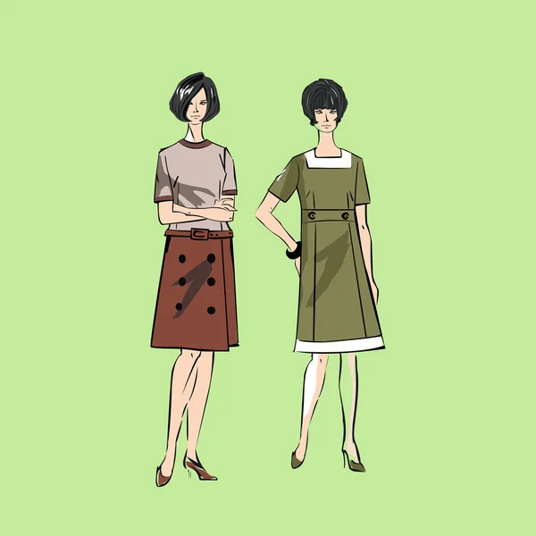 Croquis vectoriel filles dans des vêtements de mode eps — Image vectorielle