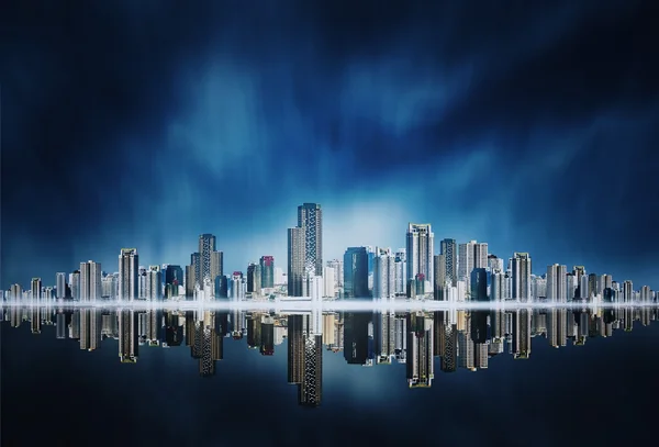 建筑在全景视图中，在蓝色的城市天际线 — 图库照片