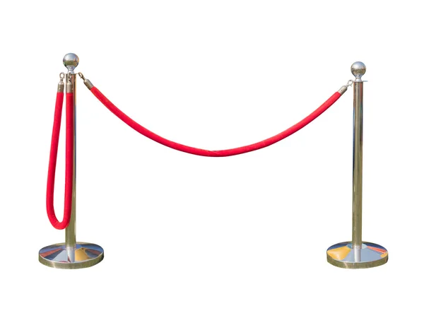Barykada metalowy słup z czerwonych lin na białym tle — Zdjęcie stockowe