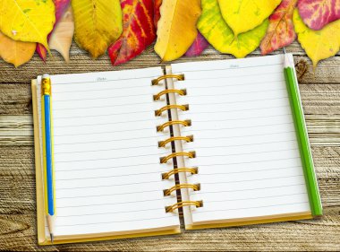 Defter ve ahşap arka plan yapraklarda