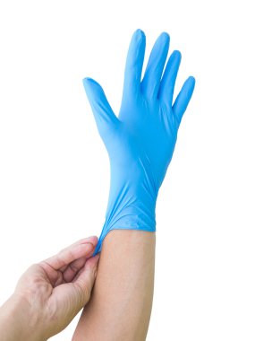 Mavi kauçuk eldiven yalıtılmış bir adam elde