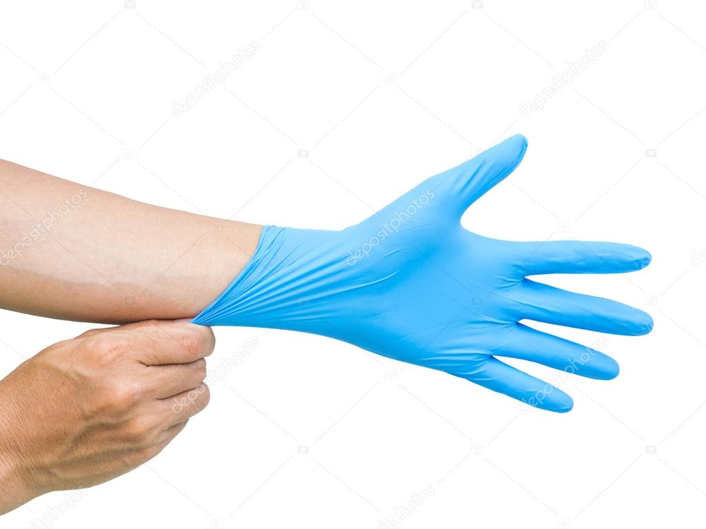 blue rubber glove on a man hand isolated