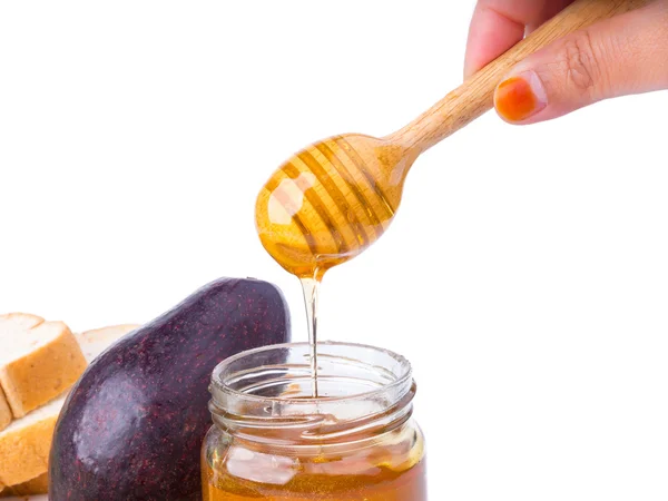 Med s honeystick, zdravý chléb s avokádem, izolované na — Stock fotografie