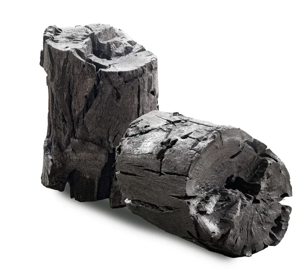 Zwarte houten houtskool geïsoleerd op wit — Stockfoto