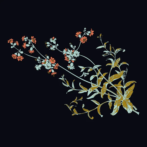 カラフルな植物の手描きの枝を孤立した花、黒い背景ベクトルイラストに隔離されたハーブの花 — ストックベクタ