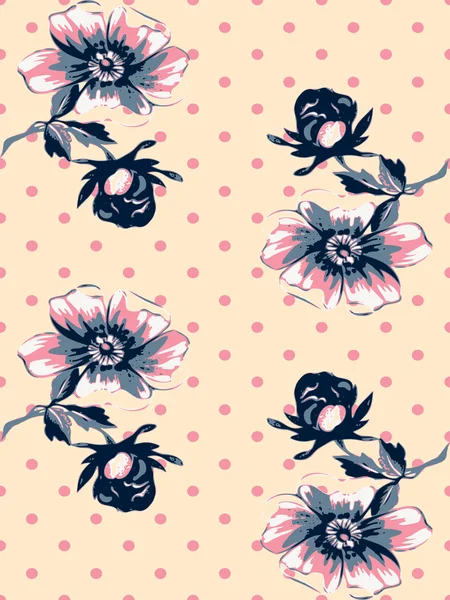 Vintage papier peint motif de fleurs roses sans couture sur fond de polka cercles — Image vectorielle