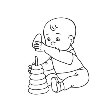 Küçük bebek güzel çocuk oyuncakları ile oynarken. Oğlu ile piramit çalıyor. Çizim dağılım vektör çizim. Siyah ve beyaz arka plan