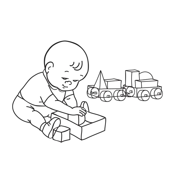 Little lovely baby boy playing with toys. Kid plays with constructor train from geometric shapes. Kid builds house from cubes. Drawing contour vector illustration. Black and white background — Stock Vector