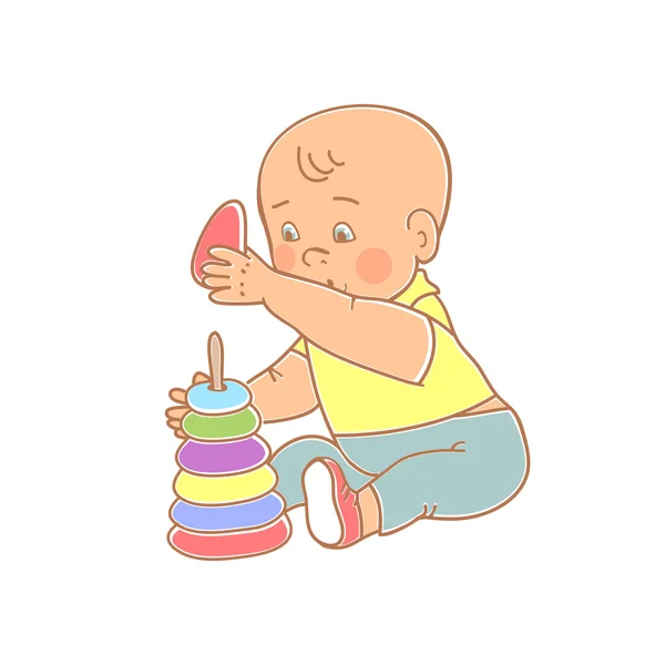 Mały chłopiec śliczny dziecko bawi się zabawki. Dziecko bawi się Piramida — Wektor stockowy