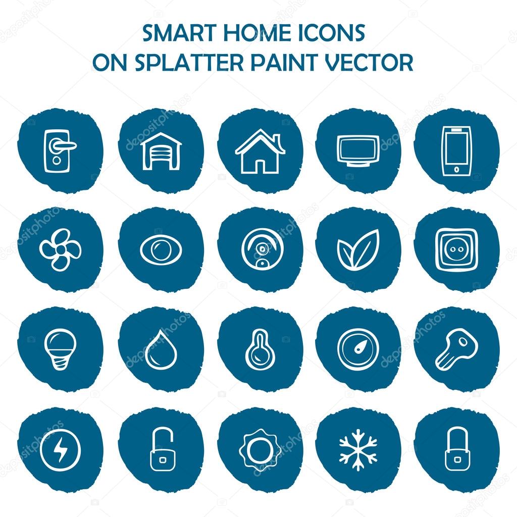 Smart home icons on blue splatter paint. Flat icons on round paint stains background. Icons, symbol, logo