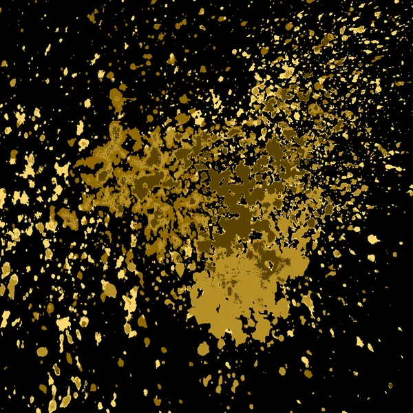 Vector gold paint splash, splatter, and blob shiny on black background. Glowing spray stains abstract background, vector illustration.