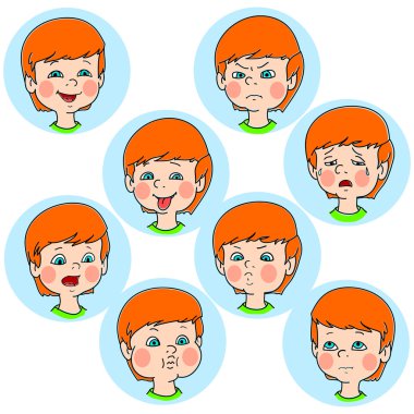Çocuk yüz duygu jestleri, vektör çizim, koleksiyon küme