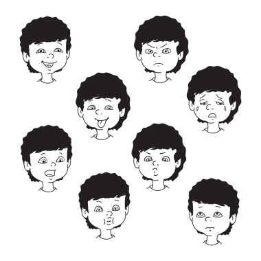 Çocuk yüz duygu jestleri, siyah ve beyaz vektör çizim