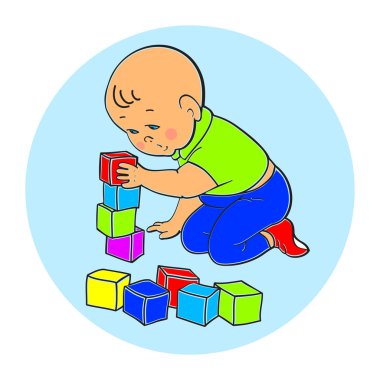 Küçük bebek güzel çocuk oyuncakları ile oynarken. Oğlu ile piramit çalıyor